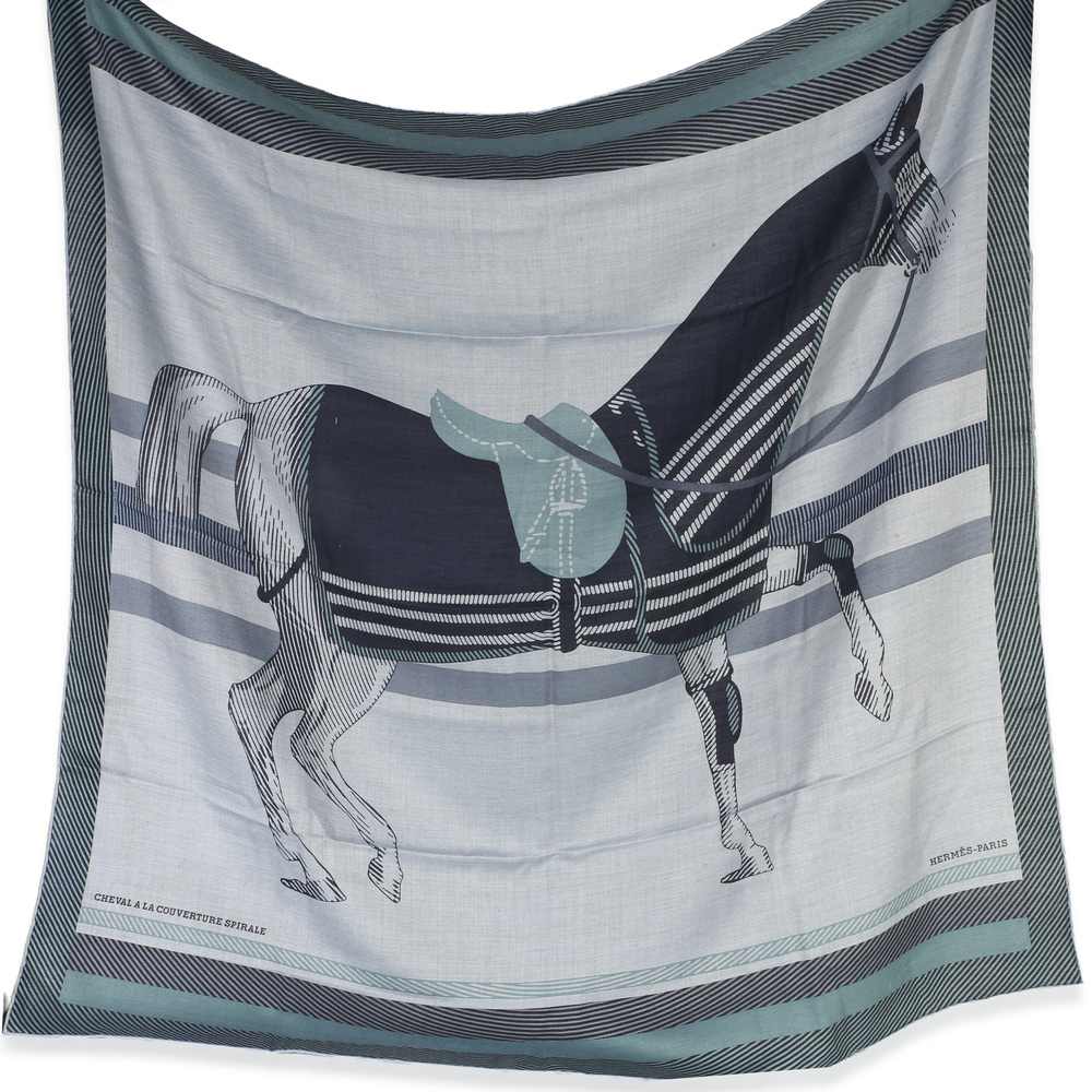 Hermès Men's Ciel Chine Cheval a la Couverture Cashmere Silk Scarf 100